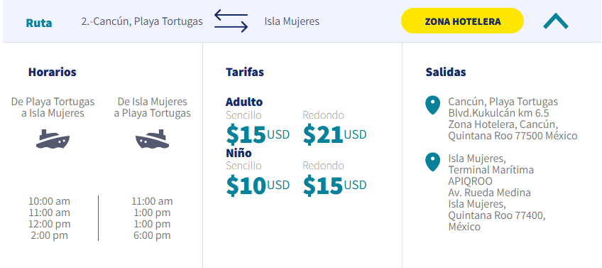 horario y tarifa ferry playa tortuga a Isla Mujeres