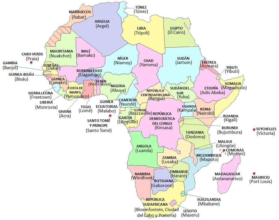 Mapa de los países y capitales de África